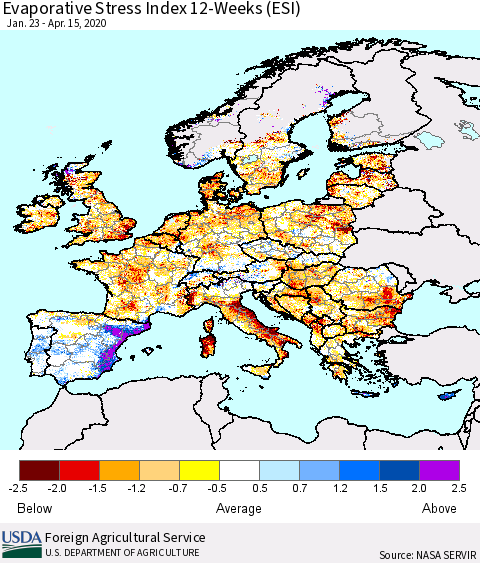 Europe Evaporative Stress Index (ESI), 12-Weeks Thematic Map For 4/13/2020 - 4/19/2020