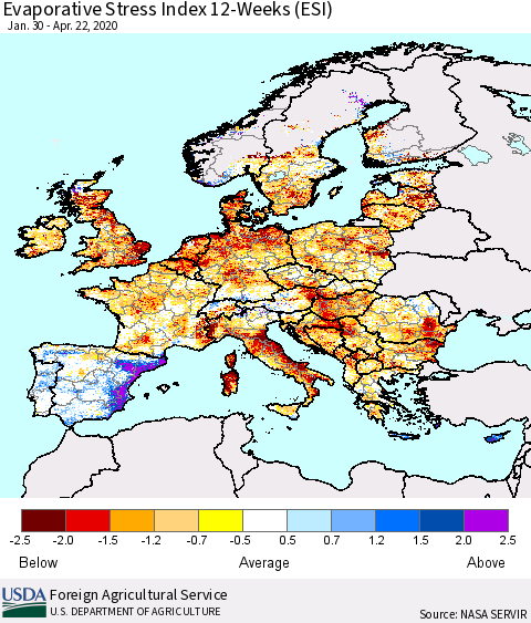 Europe Evaporative Stress Index (ESI), 12-Weeks Thematic Map For 4/20/2020 - 4/26/2020