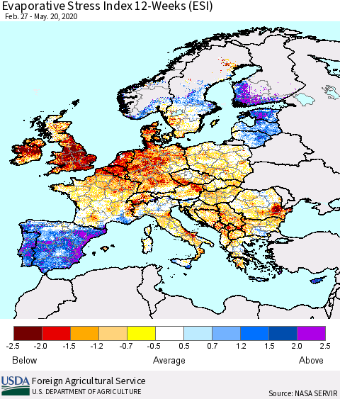Europe Evaporative Stress Index (ESI), 12-Weeks Thematic Map For 5/18/2020 - 5/24/2020