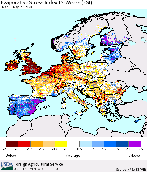 Europe Evaporative Stress Index (ESI), 12-Weeks Thematic Map For 5/25/2020 - 5/31/2020