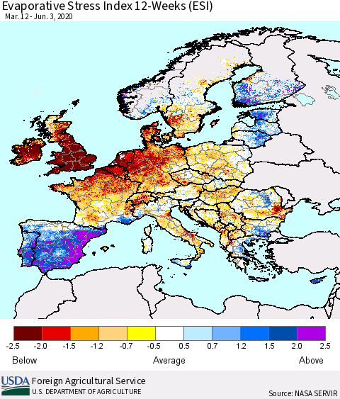Europe Evaporative Stress Index (ESI), 12-Weeks Thematic Map For 6/1/2020 - 6/7/2020