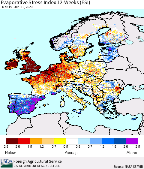 Europe Evaporative Stress Index (ESI), 12-Weeks Thematic Map For 6/8/2020 - 6/14/2020