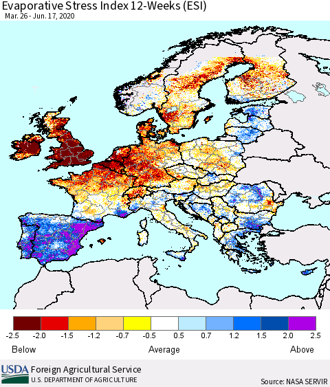 Europe Evaporative Stress Index (ESI), 12-Weeks Thematic Map For 6/15/2020 - 6/21/2020