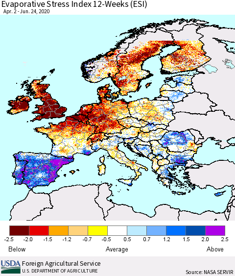 Europe Evaporative Stress Index (ESI), 12-Weeks Thematic Map For 6/22/2020 - 6/28/2020