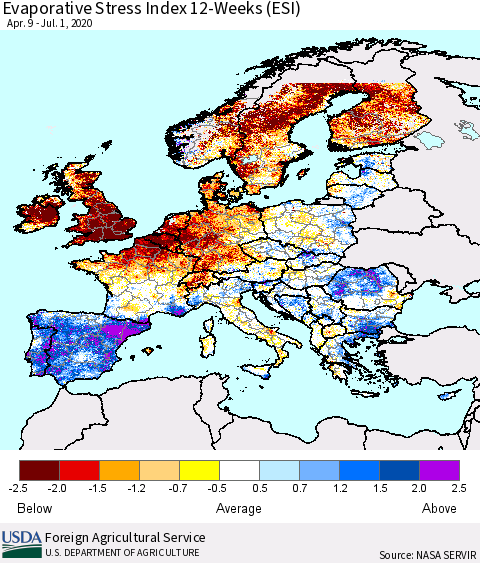 Europe Evaporative Stress Index (ESI), 12-Weeks Thematic Map For 6/29/2020 - 7/5/2020