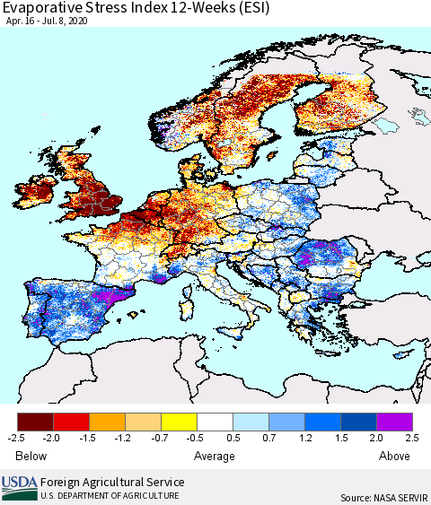 Europe Evaporative Stress Index (ESI), 12-Weeks Thematic Map For 7/6/2020 - 7/12/2020