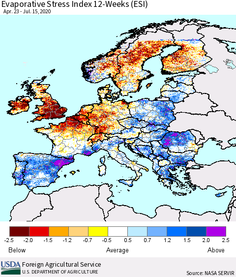 Europe Evaporative Stress Index (ESI), 12-Weeks Thematic Map For 7/13/2020 - 7/19/2020