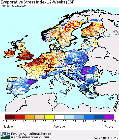Europe Evaporative Stress Index (ESI), 12-Weeks Thematic Map For 7/20/2020 - 7/26/2020