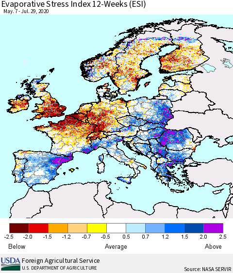 Europe Evaporative Stress Index (ESI), 12-Weeks Thematic Map For 7/27/2020 - 8/2/2020