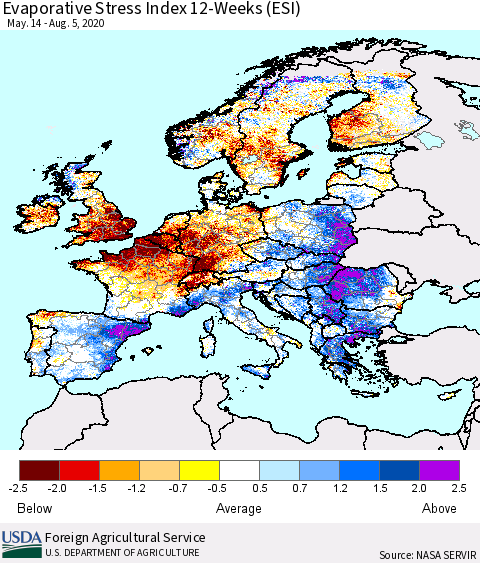 Europe Evaporative Stress Index (ESI), 12-Weeks Thematic Map For 8/3/2020 - 8/9/2020