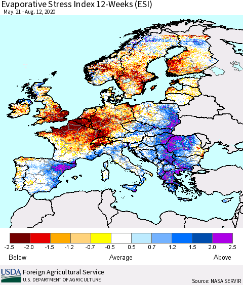 Europe Evaporative Stress Index (ESI), 12-Weeks Thematic Map For 8/10/2020 - 8/16/2020