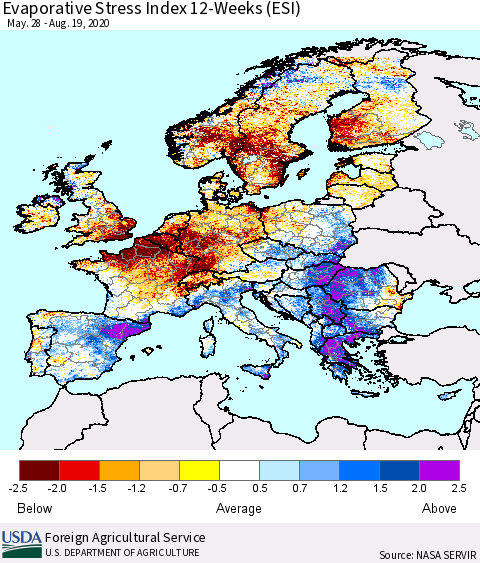 Europe Evaporative Stress Index (ESI), 12-Weeks Thematic Map For 8/17/2020 - 8/23/2020