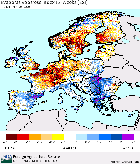 Europe Evaporative Stress Index (ESI), 12-Weeks Thematic Map For 8/24/2020 - 8/30/2020