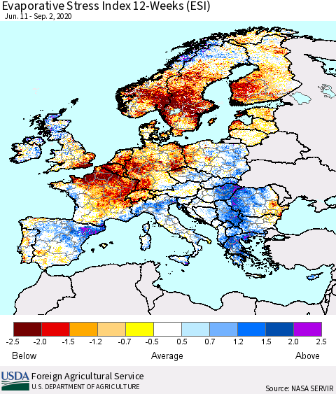 Europe Evaporative Stress Index (ESI), 12-Weeks Thematic Map For 8/31/2020 - 9/6/2020