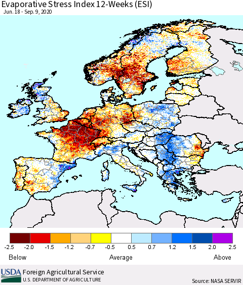 Europe Evaporative Stress Index (ESI), 12-Weeks Thematic Map For 9/7/2020 - 9/13/2020