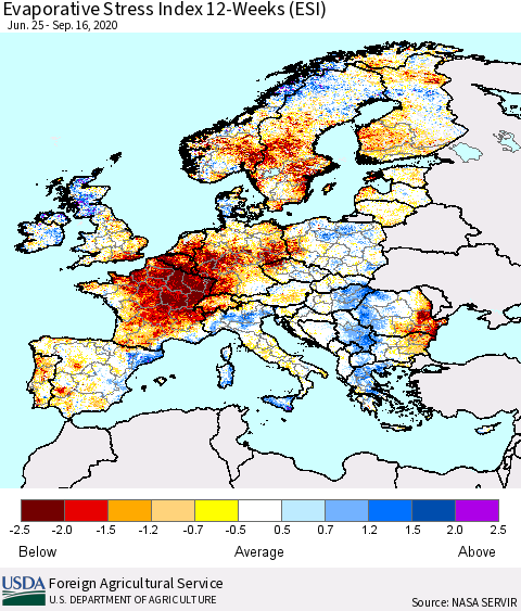 Europe Evaporative Stress Index (ESI), 12-Weeks Thematic Map For 9/14/2020 - 9/20/2020