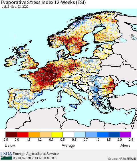 Europe Evaporative Stress Index (ESI), 12-Weeks Thematic Map For 9/21/2020 - 9/27/2020
