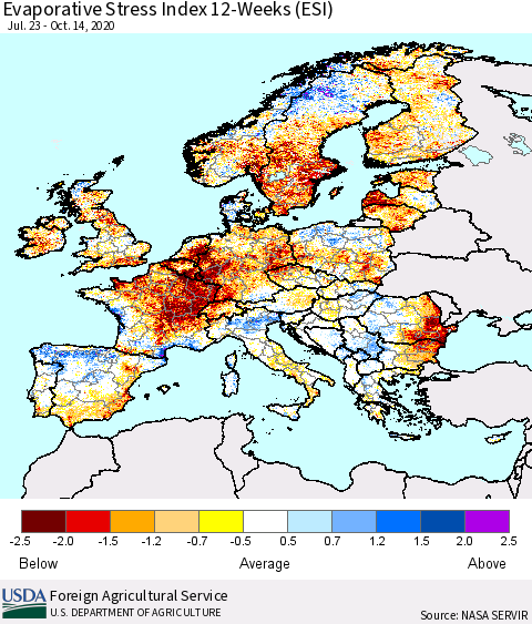 Europe Evaporative Stress Index (ESI), 12-Weeks Thematic Map For 10/12/2020 - 10/18/2020