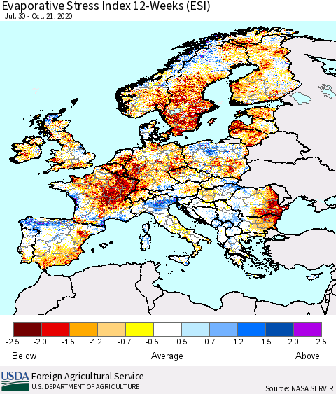 Europe Evaporative Stress Index (ESI), 12-Weeks Thematic Map For 10/19/2020 - 10/25/2020