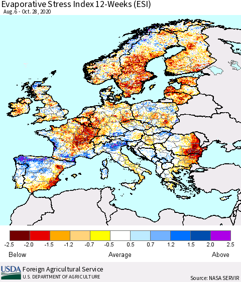 Europe Evaporative Stress Index (ESI), 12-Weeks Thematic Map For 10/26/2020 - 11/1/2020