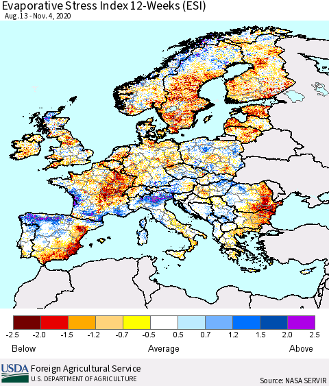 Europe Evaporative Stress Index (ESI), 12-Weeks Thematic Map For 11/2/2020 - 11/8/2020