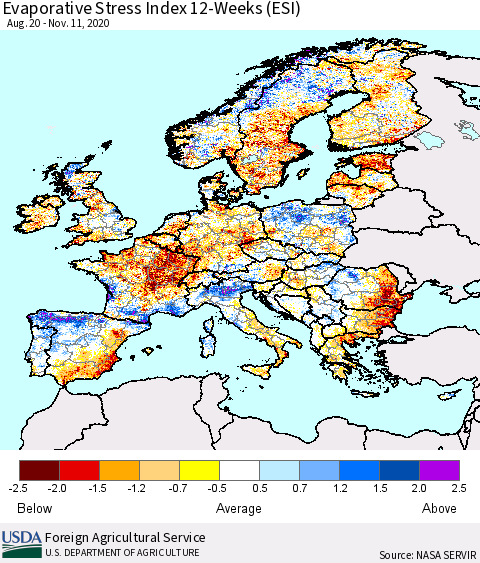 Europe Evaporative Stress Index (ESI), 12-Weeks Thematic Map For 11/9/2020 - 11/15/2020