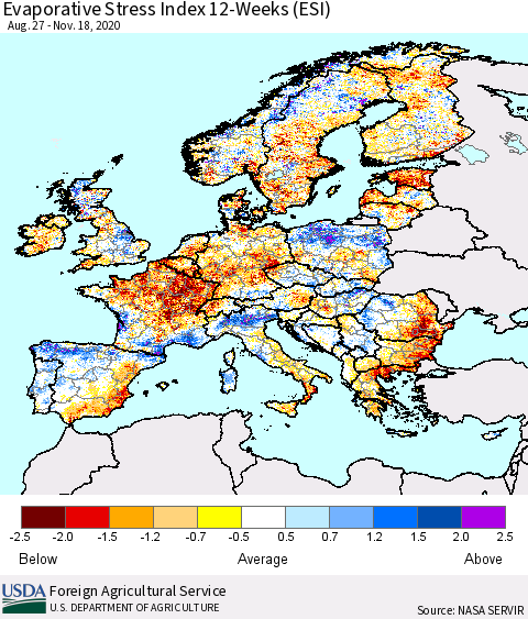 Europe Evaporative Stress Index (ESI), 12-Weeks Thematic Map For 11/16/2020 - 11/22/2020
