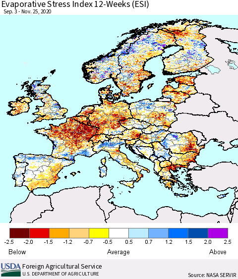 Europe Evaporative Stress Index (ESI), 12-Weeks Thematic Map For 11/23/2020 - 11/29/2020