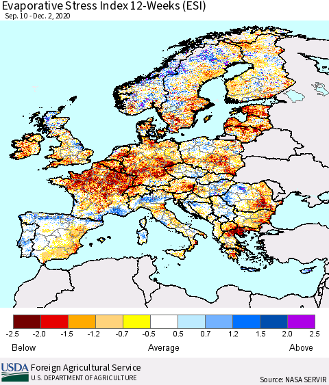 Europe Evaporative Stress Index (ESI), 12-Weeks Thematic Map For 11/30/2020 - 12/6/2020