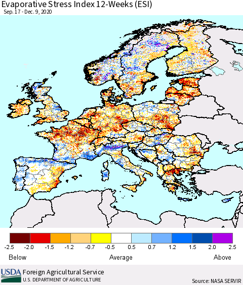 Europe Evaporative Stress Index (ESI), 12-Weeks Thematic Map For 12/7/2020 - 12/13/2020