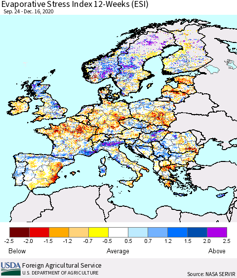 Europe Evaporative Stress Index (ESI), 12-Weeks Thematic Map For 12/14/2020 - 12/20/2020