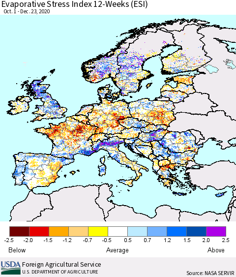 Europe Evaporative Stress Index (ESI), 12-Weeks Thematic Map For 12/21/2020 - 12/27/2020