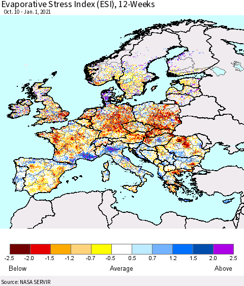Europe Evaporative Stress Index (ESI), 12-Weeks Thematic Map For 12/28/2020 - 1/3/2021