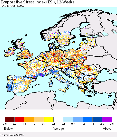 Europe Evaporative Stress Index (ESI), 12-Weeks Thematic Map For 1/4/2021 - 1/10/2021