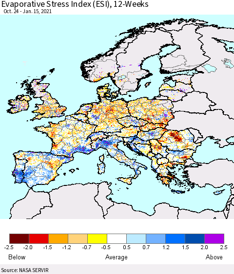 Europe Evaporative Stress Index (ESI), 12-Weeks Thematic Map For 1/11/2021 - 1/17/2021