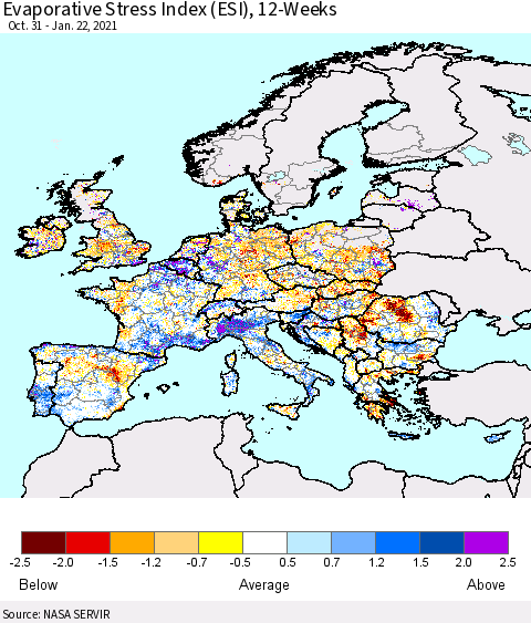 Europe Evaporative Stress Index (ESI), 12-Weeks Thematic Map For 1/18/2021 - 1/24/2021