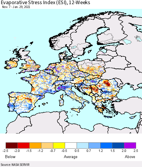 Europe Evaporative Stress Index (ESI), 12-Weeks Thematic Map For 1/25/2021 - 1/31/2021