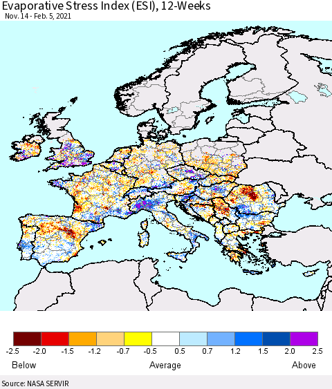Europe Evaporative Stress Index (ESI), 12-Weeks Thematic Map For 2/1/2021 - 2/7/2021