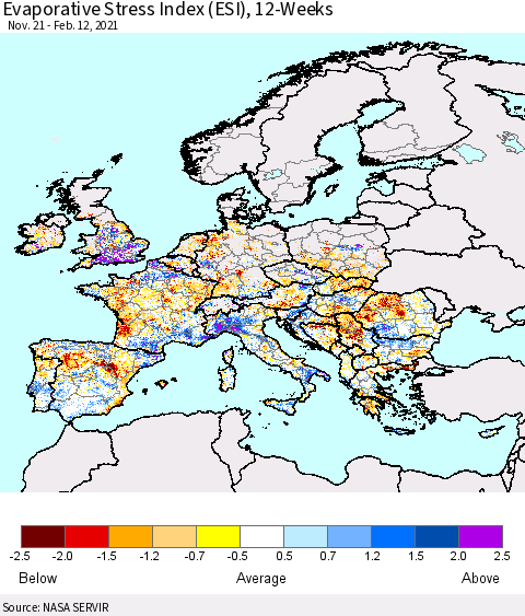 Europe Evaporative Stress Index (ESI), 12-Weeks Thematic Map For 2/8/2021 - 2/14/2021