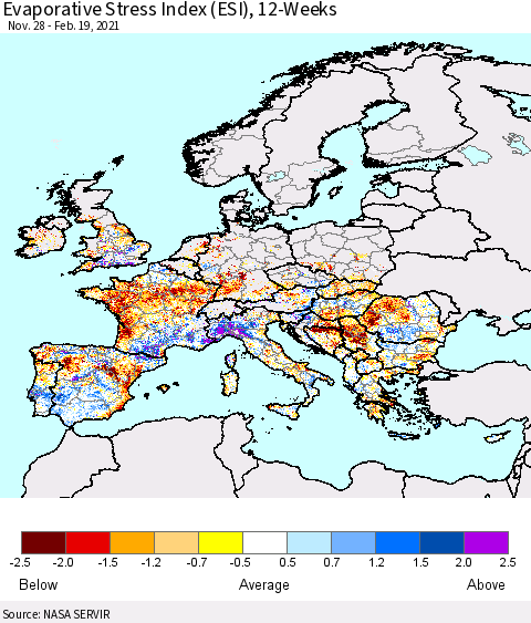 Europe Evaporative Stress Index (ESI), 12-Weeks Thematic Map For 2/15/2021 - 2/21/2021