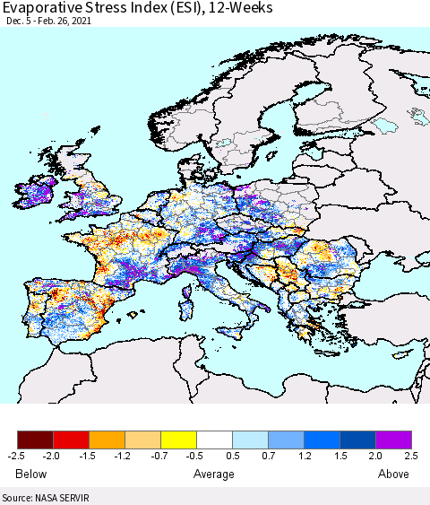 Europe Evaporative Stress Index (ESI), 12-Weeks Thematic Map For 2/22/2021 - 2/28/2021