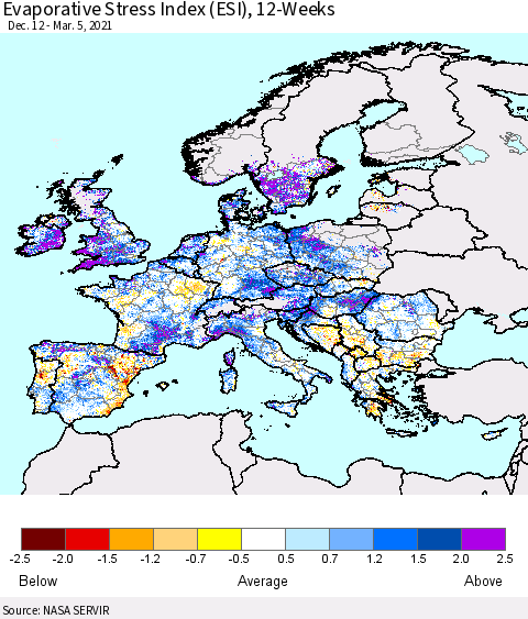 Europe Evaporative Stress Index (ESI), 12-Weeks Thematic Map For 3/1/2021 - 3/7/2021