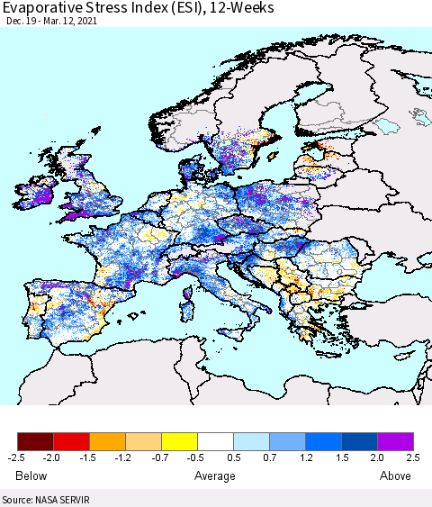 Europe Evaporative Stress Index (ESI), 12-Weeks Thematic Map For 3/8/2021 - 3/14/2021