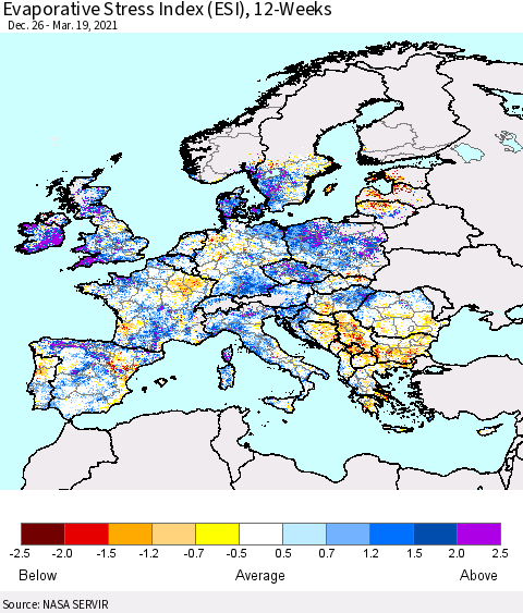 Europe Evaporative Stress Index (ESI), 12-Weeks Thematic Map For 3/15/2021 - 3/21/2021
