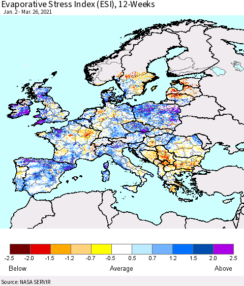 Europe Evaporative Stress Index (ESI), 12-Weeks Thematic Map For 3/22/2021 - 3/28/2021