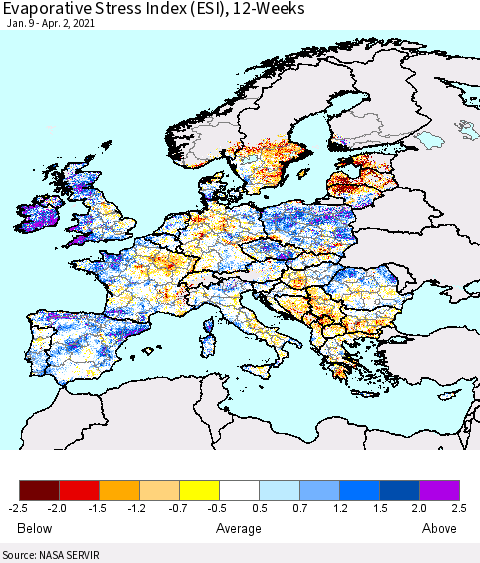 Europe Evaporative Stress Index (ESI), 12-Weeks Thematic Map For 3/29/2021 - 4/4/2021