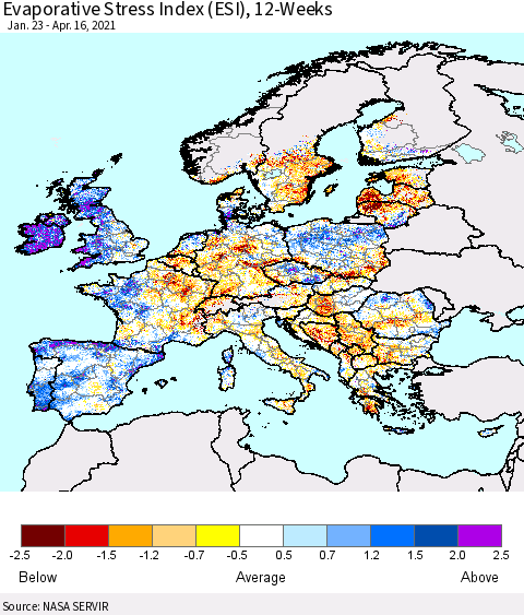 Europe Evaporative Stress Index (ESI), 12-Weeks Thematic Map For 4/12/2021 - 4/18/2021