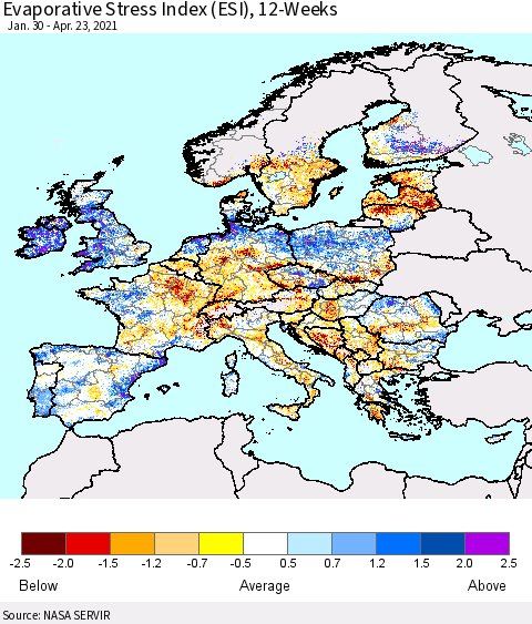Europe Evaporative Stress Index (ESI), 12-Weeks Thematic Map For 4/19/2021 - 4/25/2021