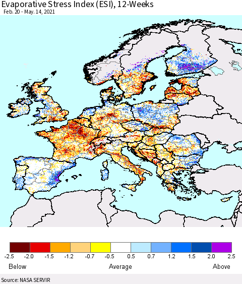 Europe Evaporative Stress Index (ESI), 12-Weeks Thematic Map For 5/10/2021 - 5/16/2021
