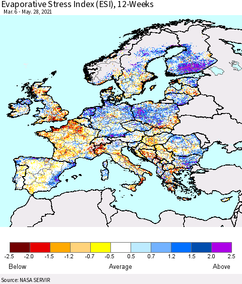 Europe Evaporative Stress Index (ESI), 12-Weeks Thematic Map For 5/24/2021 - 5/30/2021